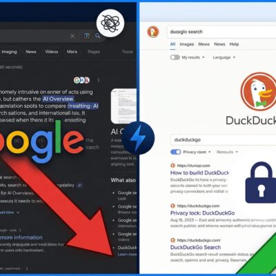 Split-screen illustration showing Google AI Overview search results versus DuckDuckGo no-AI clean search interface