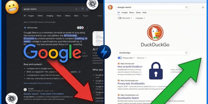 Split-screen illustration showing Google AI Overview search results versus DuckDuckGo no-AI clean search interface