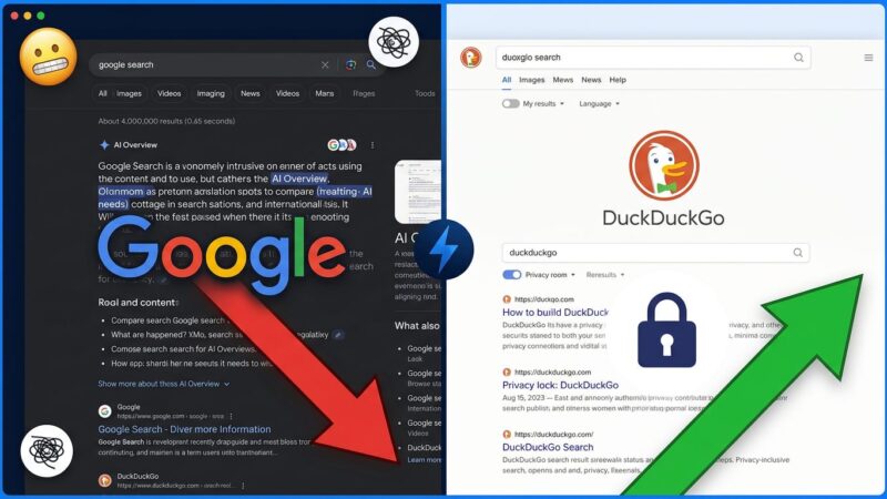 Split-screen illustration showing Google AI Overview search results versus DuckDuckGo no-AI clean search interface