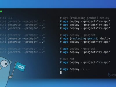 Terminal showing agy command replacing gemini CLI with Antigravity branding and ByteIota blue and white colors