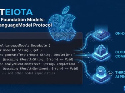 Apple LanguageModel protocol three-tier inference diagram with Swift code blocks and ByteIota brand colors