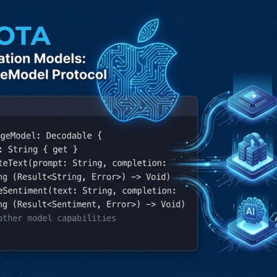 Apple LanguageModel protocol three-tier inference diagram with Swift code blocks and ByteIota brand colors