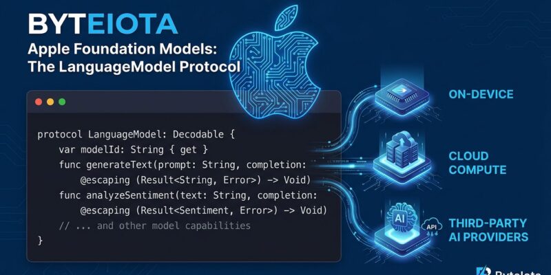 Apple LanguageModel protocol three-tier inference diagram with Swift code blocks and ByteIota brand colors