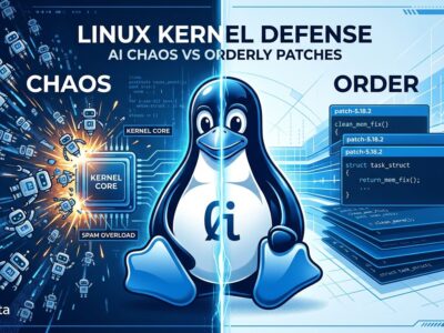 Linux kernel Tux mascot divided between chaotic AI patch flood and clean ordered code patches, representing Linux 7.1 AI governance