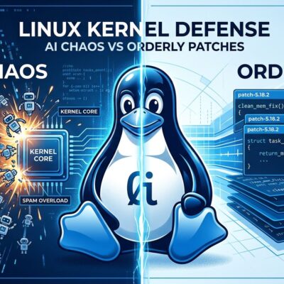 Linux kernel Tux mascot divided between chaotic AI patch flood and clean ordered code patches, representing Linux 7.1 AI governance