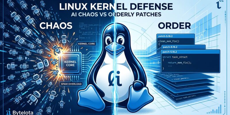 Linux kernel Tux mascot divided between chaotic AI patch flood and clean ordered code patches, representing Linux 7.1 AI governance