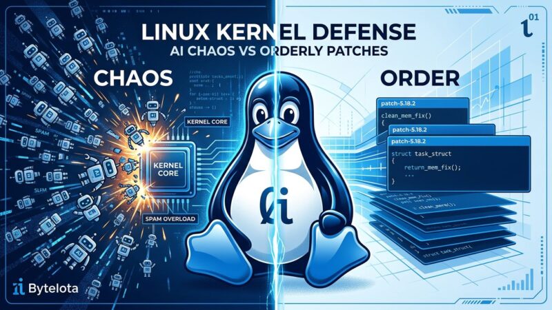 Linux kernel Tux mascot divided between chaotic AI patch flood and clean ordered code patches, representing Linux 7.1 AI governance