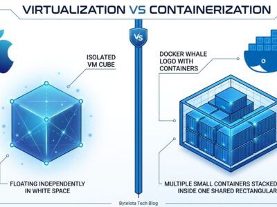 Split-screen comparison of Apple Container VM-per-container model vs Docker Desktop shared VM model, blue and white tech illustration
