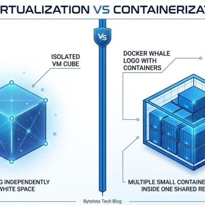 Split-screen comparison of Apple Container VM-per-container model vs Docker Desktop shared VM model, blue and white tech illustration