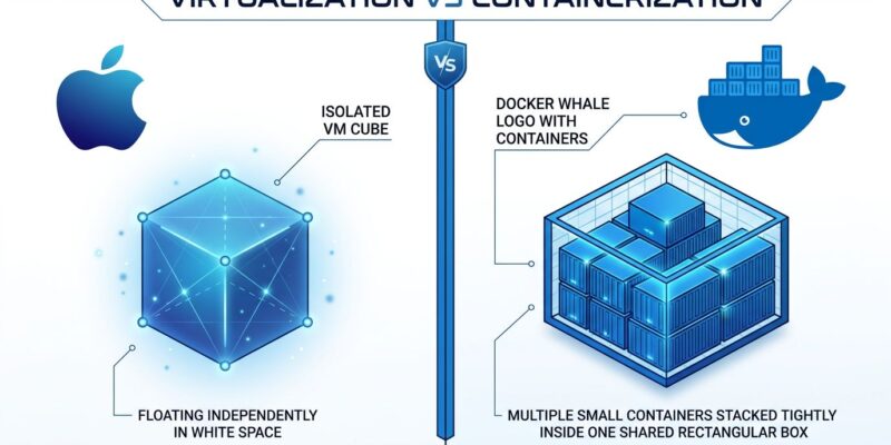 Split-screen comparison of Apple Container VM-per-container model vs Docker Desktop shared VM model, blue and white tech illustration