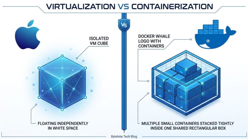 Split-screen comparison of Apple Container VM-per-container model vs Docker Desktop shared VM model, blue and white tech illustration