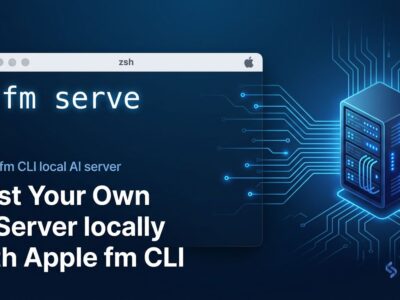 Apple fm CLI terminal showing fm serve command turning a Mac into a local OpenAI-compatible AI server