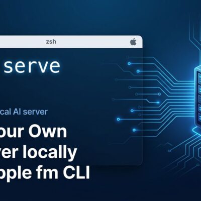 Apple fm CLI terminal showing fm serve command turning a Mac into a local OpenAI-compatible AI server