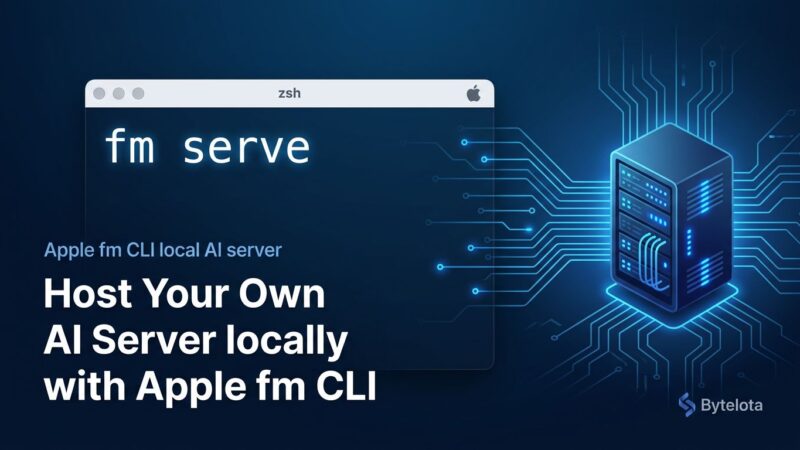 Apple fm CLI terminal showing fm serve command turning a Mac into a local OpenAI-compatible AI server