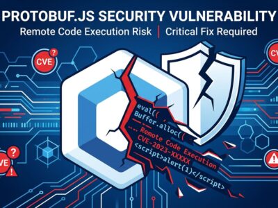 Cracked protobuf hexagonal icon with CVE security badges representing the Proto6 protobuf.js vulnerability disclosure