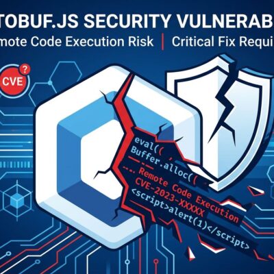 Cracked protobuf hexagonal icon with CVE security badges representing the Proto6 protobuf.js vulnerability disclosure