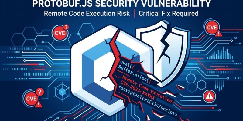 Cracked protobuf hexagonal icon with CVE security badges representing the Proto6 protobuf.js vulnerability disclosure
