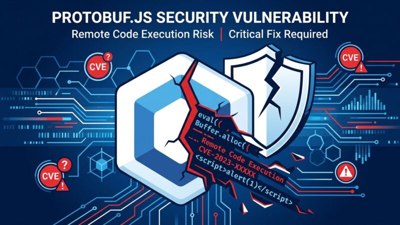 Cracked protobuf hexagonal icon with CVE security badges representing the Proto6 protobuf.js vulnerability disclosure