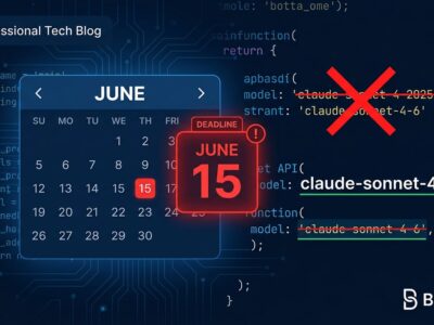 A developer dashboard showing Claude API model deprecation warning with June 15 deadline, model string migration from claude-sonnet-4-20250514 to claude-sonnet-4-6 on a dark blue background
