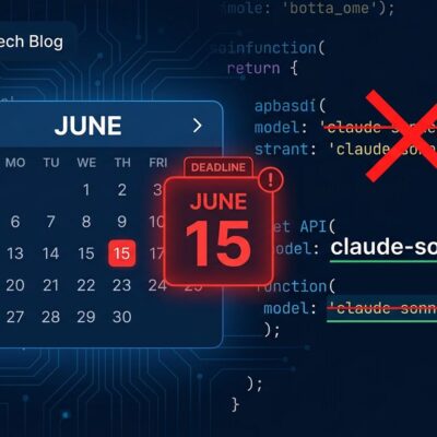 A developer dashboard showing Claude API model deprecation warning with June 15 deadline, model string migration from claude-sonnet-4-20250514 to claude-sonnet-4-6 on a dark blue background