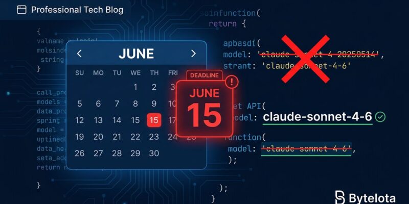 A developer dashboard showing Claude API model deprecation warning with June 15 deadline, model string migration from claude-sonnet-4-20250514 to claude-sonnet-4-6 on a dark blue background