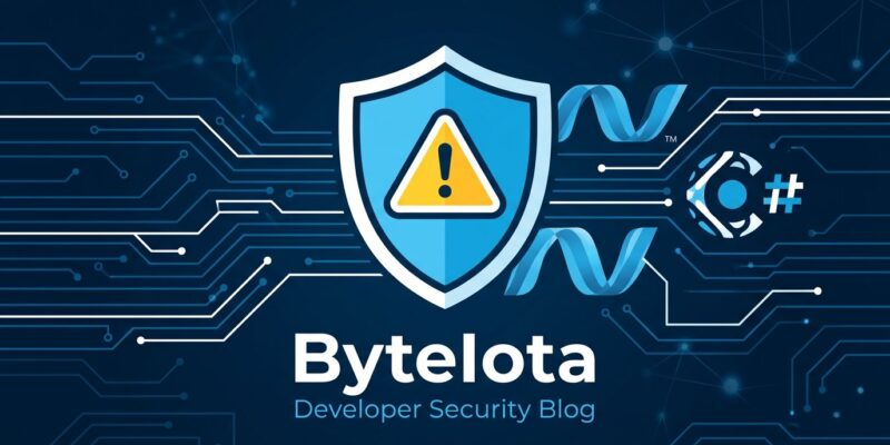 Abstract blue digital network with shield warning icon representing ASP.NET Core security vulnerability CVE-2026-45591