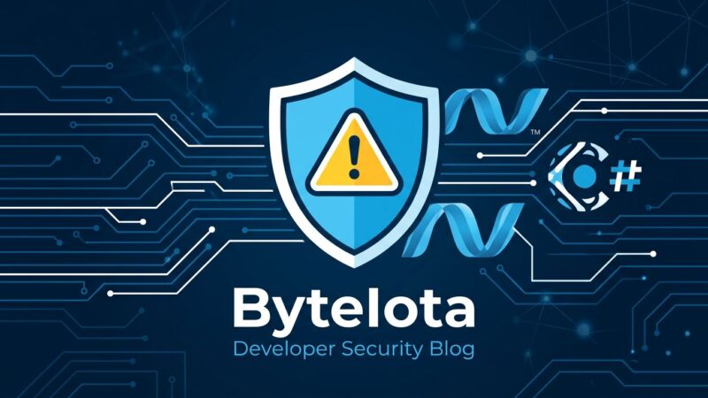 Abstract blue digital network with shield warning icon representing ASP.NET Core security vulnerability CVE-2026-45591
