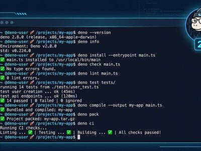 Deno 2.8 CLI subcommands terminal interface showing deno transpile deno ci deno pack commands