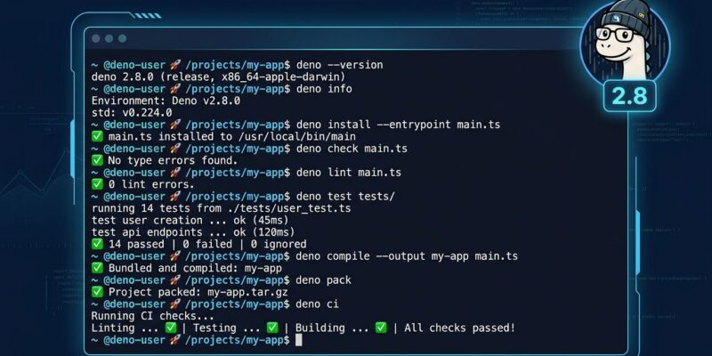 Deno 2.8 CLI subcommands terminal interface showing deno transpile deno ci deno pack commands