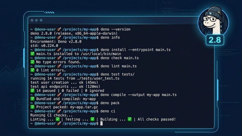 Deno 2.8 CLI subcommands terminal interface showing deno transpile deno ci deno pack commands