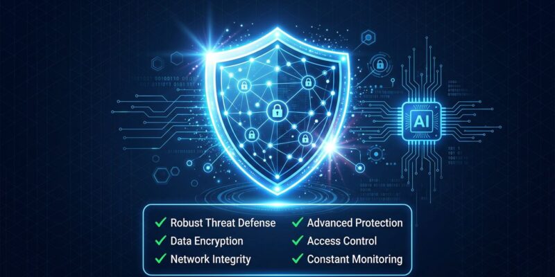 OWASP AISVS 1.0 security checklist for AI applications showing shield, network nodes, and checklist elements