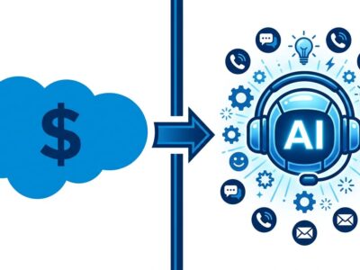 Salesforce cloud logo on left and AI customer service agent headset on right, representing the .6 billion acquisition of Fin