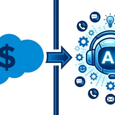 Salesforce cloud logo on left and AI customer service agent headset on right, representing the .6 billion acquisition of Fin