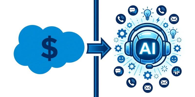 Salesforce cloud logo on left and AI customer service agent headset on right, representing the .6 billion acquisition of Fin