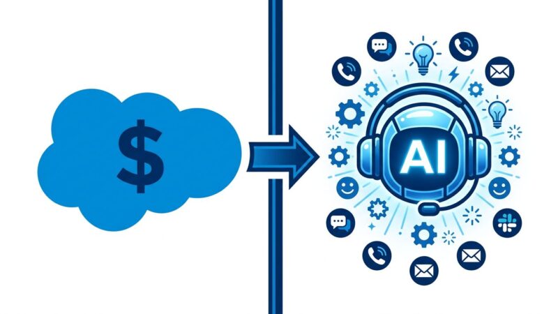 Salesforce cloud logo on left and AI customer service agent headset on right, representing the .6 billion acquisition of Fin