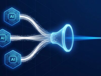 Multiple AI model nodes converging into a single synthesized answer - OpenRouter Fusion API