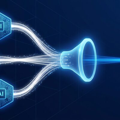 Multiple AI model nodes converging into a single synthesized answer - OpenRouter Fusion API