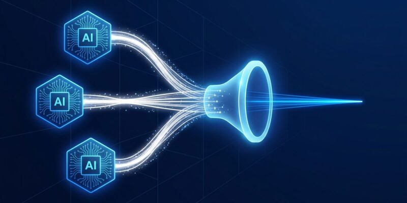Multiple AI model nodes converging into a single synthesized answer - OpenRouter Fusion API