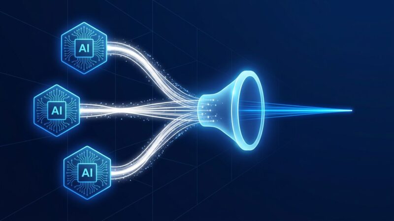 Multiple AI model nodes converging into a single synthesized answer - OpenRouter Fusion API