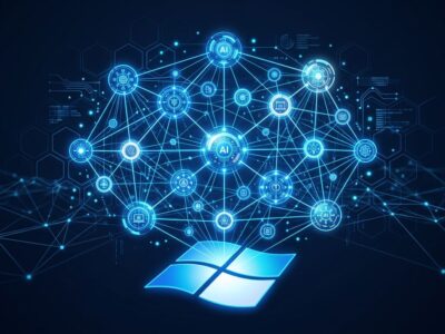 Interconnected AI agents as glowing blue nodes in a mesh network above a Windows logo, representing Windows Agent Framework and Azure Agent Mesh at Build 2026