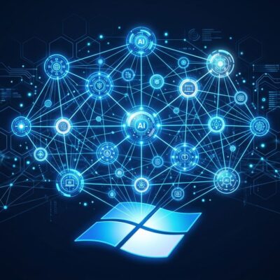 Interconnected AI agents as glowing blue nodes in a mesh network above a Windows logo, representing Windows Agent Framework and Azure Agent Mesh at Build 2026