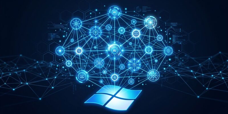 Interconnected AI agents as glowing blue nodes in a mesh network above a Windows logo, representing Windows Agent Framework and Azure Agent Mesh at Build 2026