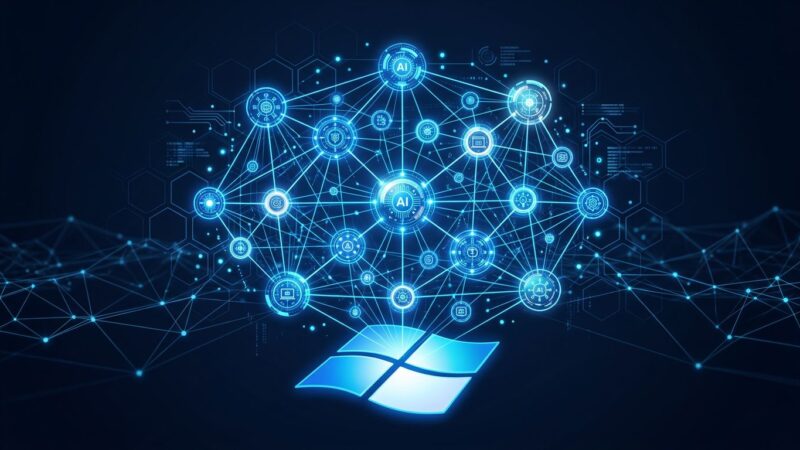 Interconnected AI agents as glowing blue nodes in a mesh network above a Windows logo, representing Windows Agent Framework and Azure Agent Mesh at Build 2026