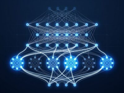 Abstract visualization of Mixture-of-Experts neural network architecture with glowing blue nodes and white connections on dark navy background, representing Cohere North Mini Code