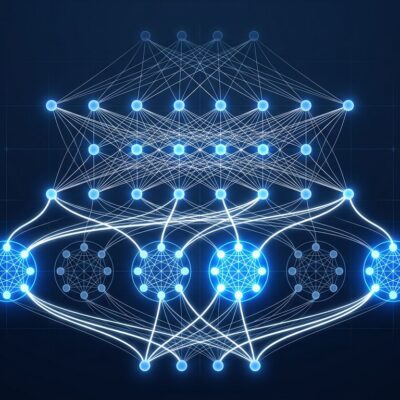Abstract visualization of Mixture-of-Experts neural network architecture with glowing blue nodes and white connections on dark navy background, representing Cohere North Mini Code