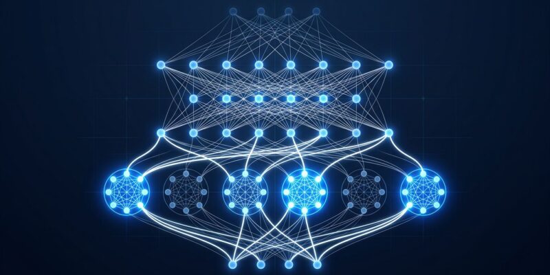 Abstract visualization of Mixture-of-Experts neural network architecture with glowing blue nodes and white connections on dark navy background, representing Cohere North Mini Code
