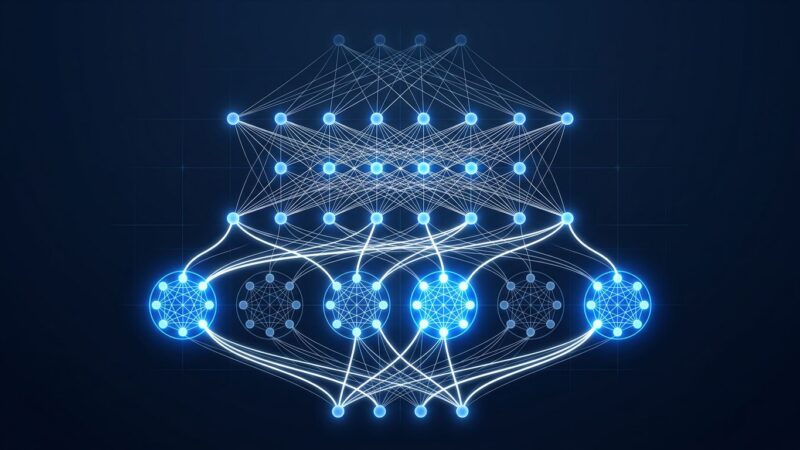 Abstract visualization of Mixture-of-Experts neural network architecture with glowing blue nodes and white connections on dark navy background, representing Cohere North Mini Code