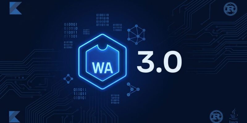 WebAssembly 3.0 spec release featuring WasmGC, Memory64, and native exception handling on a dark blue background