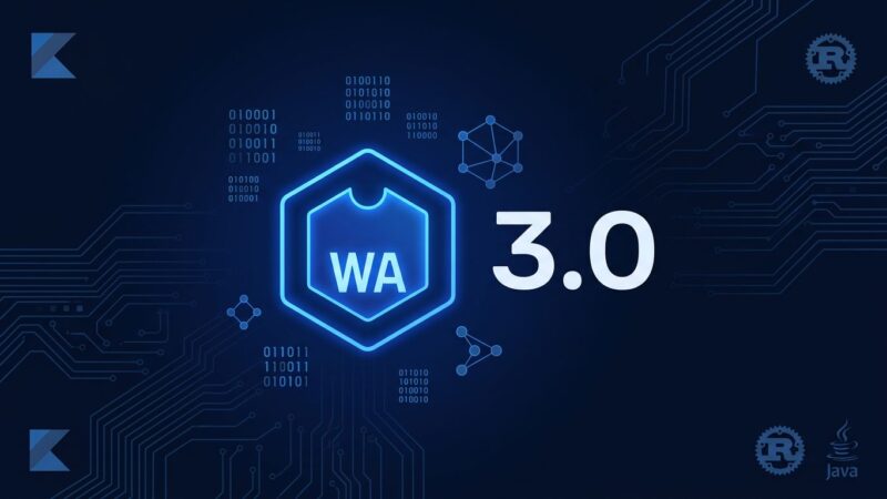WebAssembly 3.0 spec release featuring WasmGC, Memory64, and native exception handling on a dark blue background