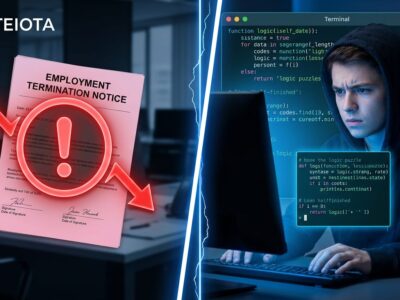 Split-screen showing a layoff notice on the left and a junior developer at a terminal on the right, representing the AI layoff wave hitting developer jobs in 2026